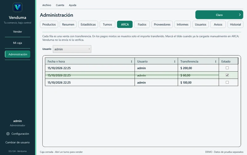 Sección ARCA con transferencias y marcas manuales