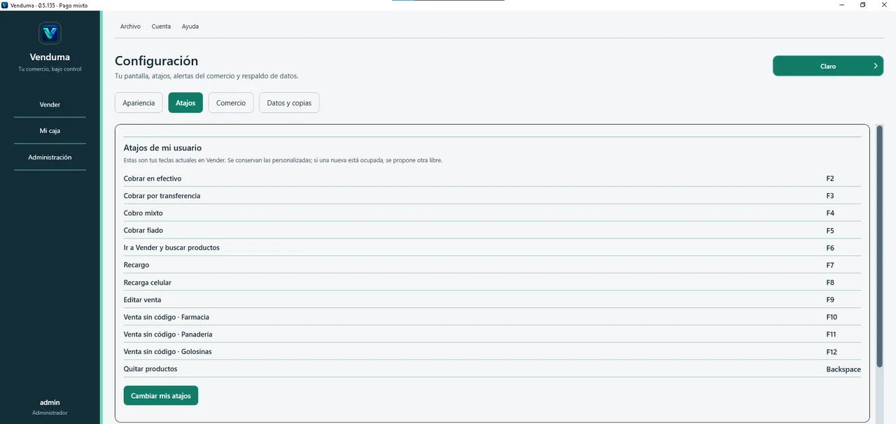 Configuración de los atajos personales, desde Efectivo F2 hasta Quitar con Backspace