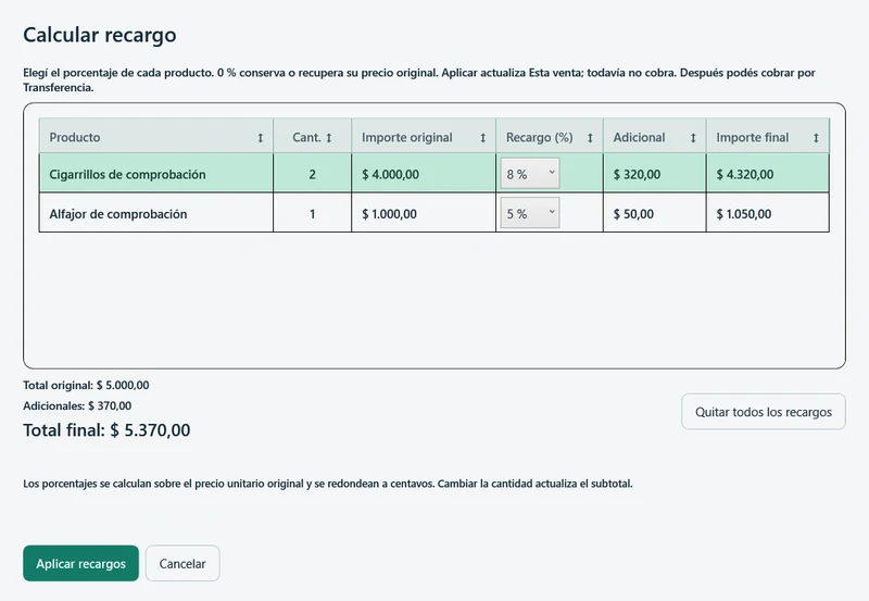 Cuadro Calcular recargo con porcentajes por producto y total final