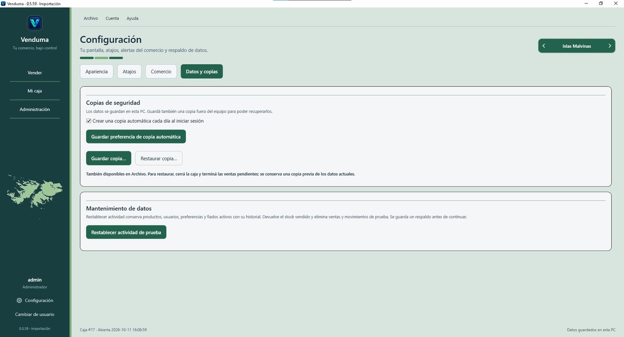 Configuración de datos y copias