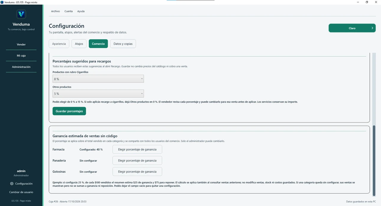 Configuración de márgenes: Farmacia al 40 %, Panadería y Golosinas sin configurar