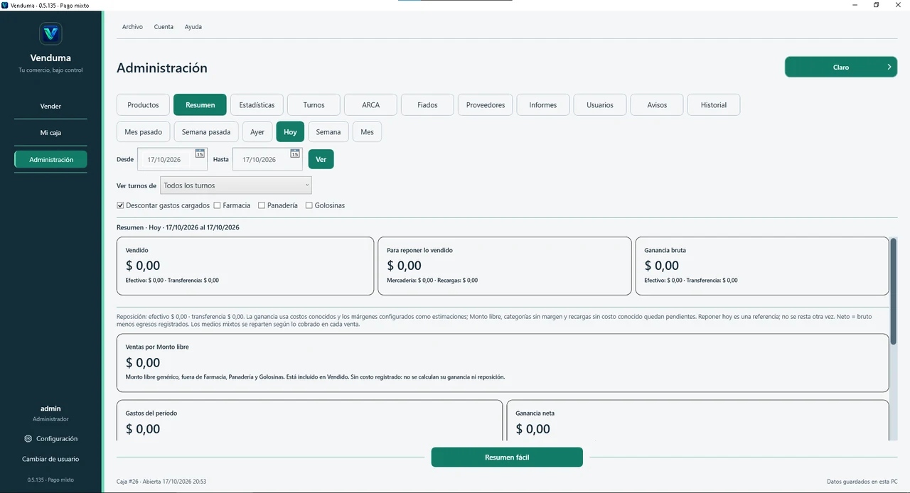 Resumen de Venduma con vendido, reposición, ganancia y ventas por monto libre